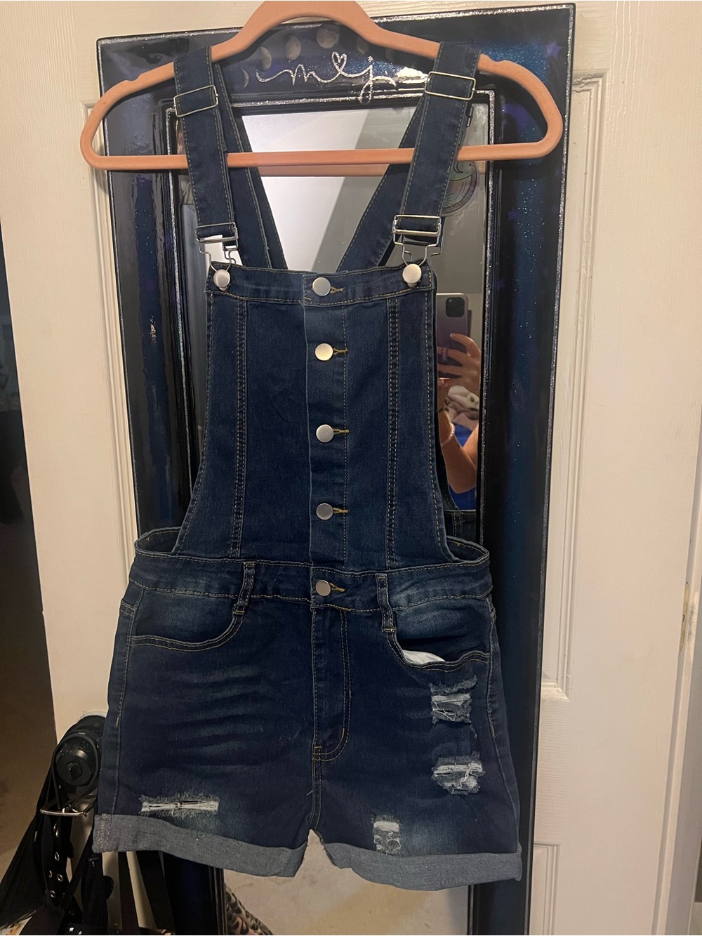 Denim Button-Front Shortalls - Dark Blue